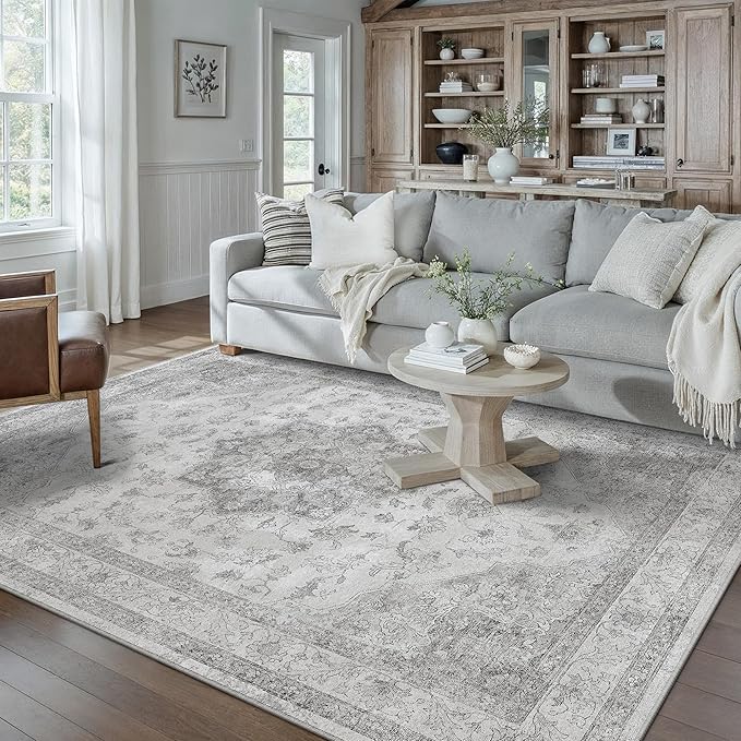 PureCozy Gray Area Rug 5x8 Washable Living Room Carpet Vintage Non Slip Soft Bedroom Indoor Office Retro Grey Low Pile Thin Oriental Medallion Large Rug for Dining Room Bathroom Kitchen