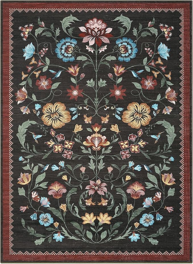 GarveeHome Washable Rug 3x5 Area Rugs for Living Room, Floral Rug for Bedroom, Soft Boho Non Slip Throw Rugs with Rubber Back, Low Pile Stain Resistant Vintage Floral Carpet for Dining Room, Red