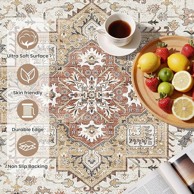 Vintage Living Room Area Rug 3x5 - Large Soft Washable Oriental Traditional Distressed Farmhouse Rugs for Bedroom - Indoor Floor Accent Carpet for Home Office House Decor - Golden Taupe