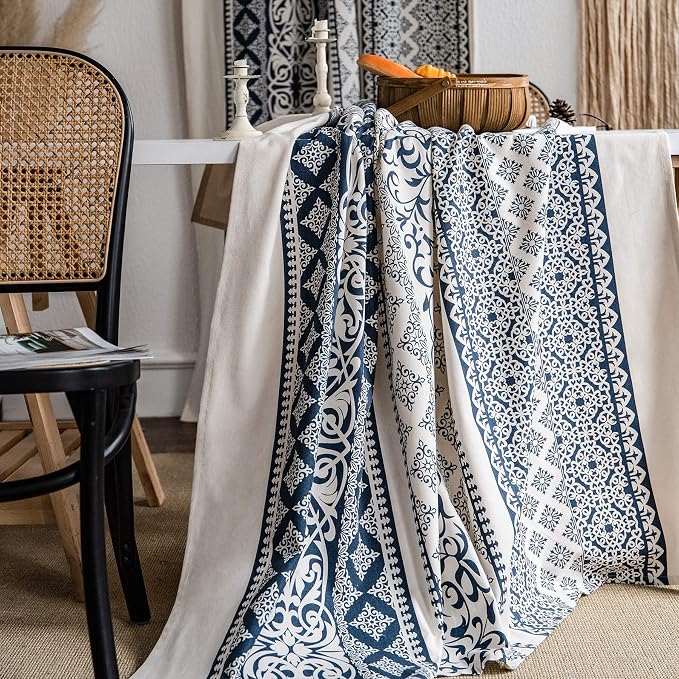 VOGOL Country Strip Printed Curtains, Bohemian Style Privacy Window Treatment with Rod Pocket for Living Room, 1 Panel 59 x 79 Inches, Navy Blue & Beige