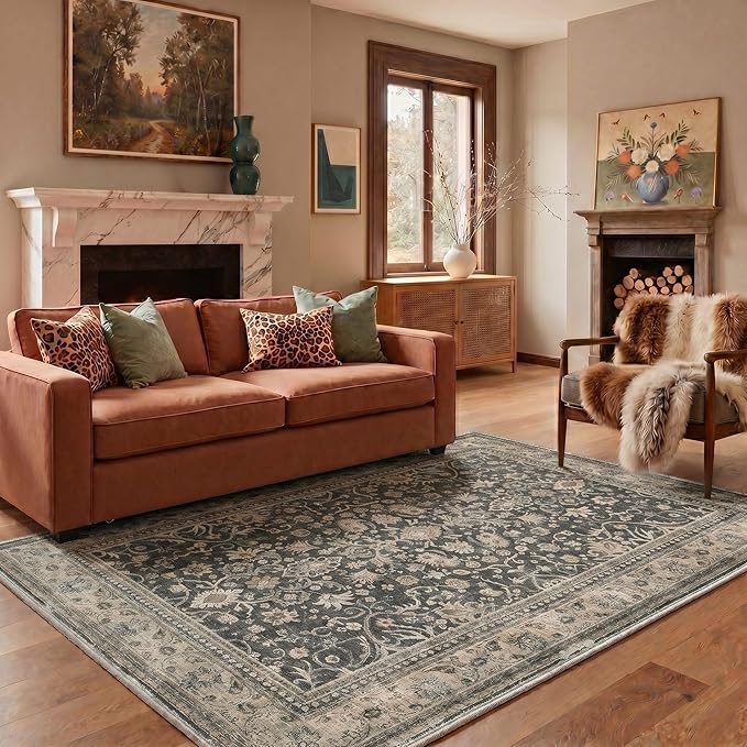 Bavni 2x5 Rug Runners for Hallways, Washable Runner Rug Non Slip, Vintage Floral Oriental Floral Rugs for Bedroom, Lightweight Low Pile Carpet for Hallways Bathroom, Dusty Charcoal