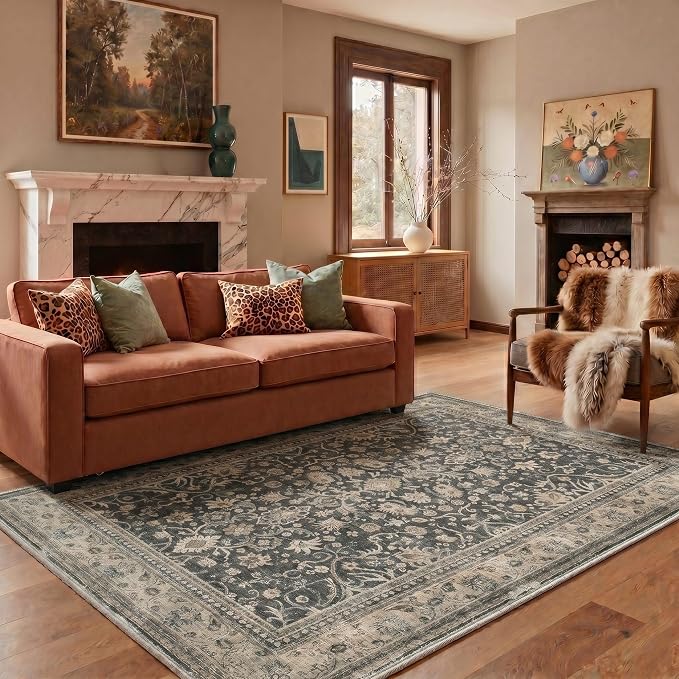 Bavni 2x3 Doormat, Machine Washable Runner Rug Non Slip, Vintage Floral Oriental Floral Rugs for Entrance, Lightweight Low Pile Carpet for Hallways Kitchen and Corridor, Dusty Charcoal