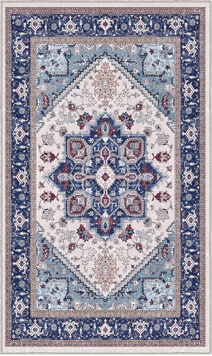 OPPODREAM Soft Area Rugs 3x5, Washable Rugs with Non Slip Backing, Low-Pile Throw 3x5 Carpet, Faux Cashmere 3 x 5 Carpet, Navy Blue & Red & Cream