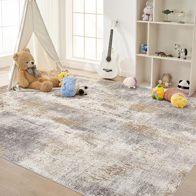 DMOYEST Area Rug Living Room Rugs - 8x10 Washable Large Soft Indoor Neutral Modern Abstract Low Pile Rug Carpet for Bedroom Dining Room Farmhouse Home Office - Brown Grey