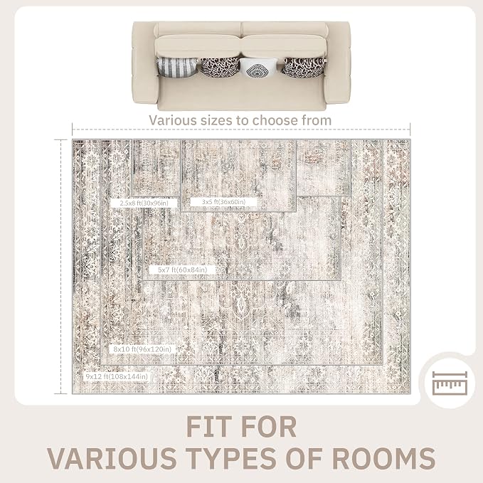 Soalmost 5x7 Area Rugs for Living Room, Washable Bedroom Soft Rug Taupe | Vintage Floral Stain Resistant Non-Slip Low Pile Throw Large Carpet for Dining Room Kitchen Home Office Nursery 5'x7'