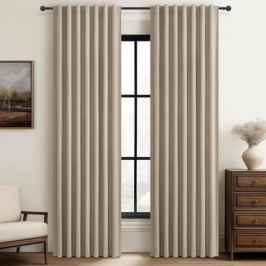 100% Blackout Curtains 86 Inch Length 2 Panels Set Farmhouse Style for Bedroom Windows/Living Room Thermal Insulated Neutral Boho Drapes Linen Blend Dark GreyBeige Long Hook Belt Pleated/Back Tab