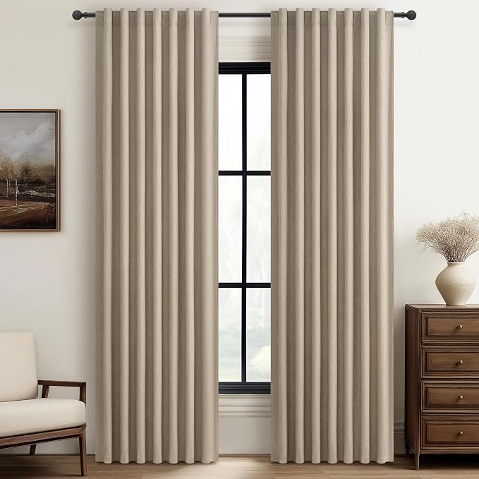100% Blackout Curtains 86 Inch Length 2 Panels Set Farmhouse Style for Bedroom Windows/Living Room Thermal Insulated Neutral Boho Drapes Linen Blend Dark GreyBeige Long Hook Belt Pleated/Back Tab