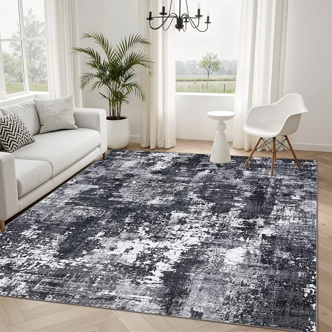 Sasttie 4x6 Soft Area Rug for Living Room, Modern Abstract Washable Carpet for Bedroom, with Non-Slip Backing, Black and White