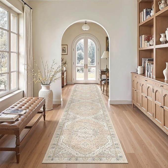 Madane Washable Runner Rugs 2x10 Long for Hallway Kitchen, Pink/Gray | Non-Slip Low-Pile 10ft Rug Runners Soft, Stain-Resistant Floor Carpet Mat for Entrance, Living Dining Laundry Room, Stair