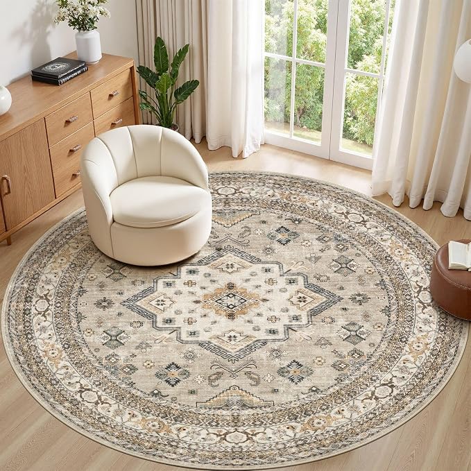 8ft Round Vintage Living Room Area Rug - 8x8 Large Soft Washable Oriental Traditional Distressed Farmhouse Rugs for Bedroom - Indoor Floor Accent Carpet for Home Office House Decor - Beige