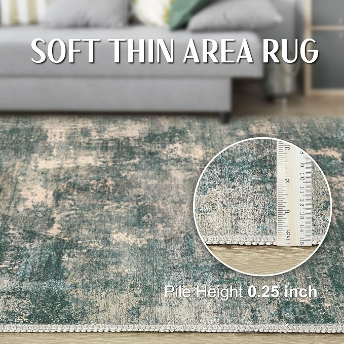 Abstract 10x12 Area Rug: Machine Washable Non Slip Ultra Thin Low-Pile Carpet, Soft Stain Resistant for Living Dining Room Bedroom, Kid Pet Friendly, Robot Vacuum Compatible - Dark Green/Beige