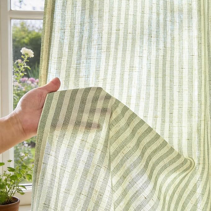 jinchan Linen Curtains 96 Inch Sage Green Stripe on Beige Back Tab 2 Panels | Curtains For Living Room Bedroom,Ticking Stripe, Farmhouse Cottage Core Rustic,Rod Pocket Window Treatment,Light Filtering