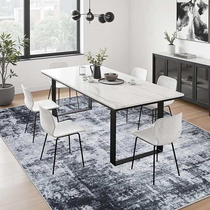 5x8 Area Rug Living Room Rug: Washable Modern Abstract Soft Thin Rug Indoor Floor No Slip Stain Resistant Carpet for Bedroom Dining Room Farmhouse Nursery Home Office - Dark Black