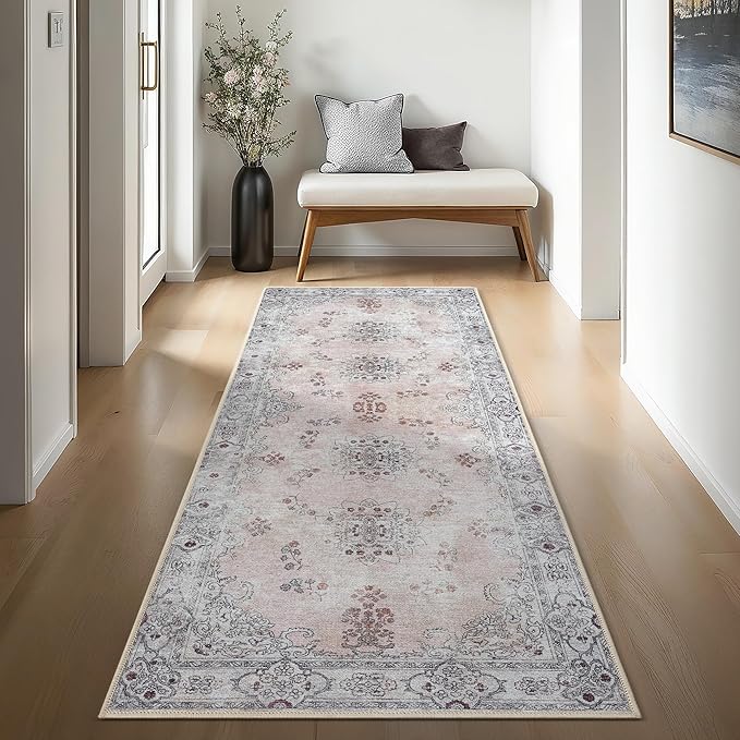 Lite Pink Oushak Long Hallway Runner Rug 2'5x12' - Boho Washable Non-Slip Runner Rugs, Vintage Turkish Eclectic Extra Long Runner Rugs for Hallway Kitchen Entryway Foyer Corridor