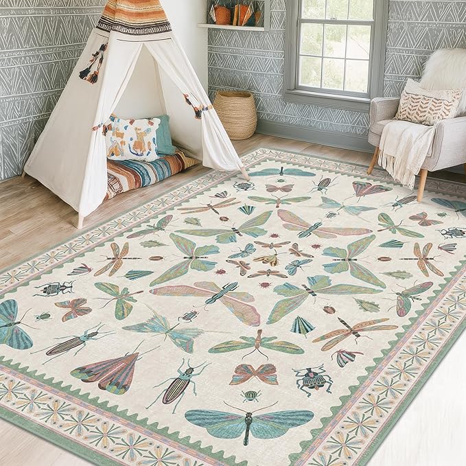5x7 Pink and Green Nursery Rug - Colorful Rug for Playroom, Bedroom, Living Room, Insect Butterfly Floral Non-Slip Soft Carpet
