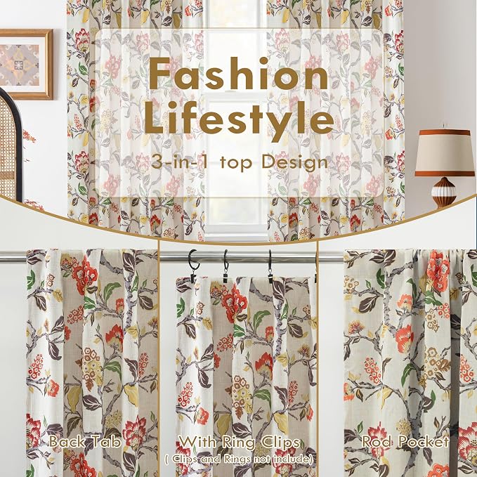 DriftAway Ada Floral Botanical Print Flower Leaf Lined Thermal Insulated Room Darkening Linen Blackout Back Tab Window Curtains 2 Layers Set of 2 Panels Each 52 Inch by 102 Inch Orange Terra Cotta