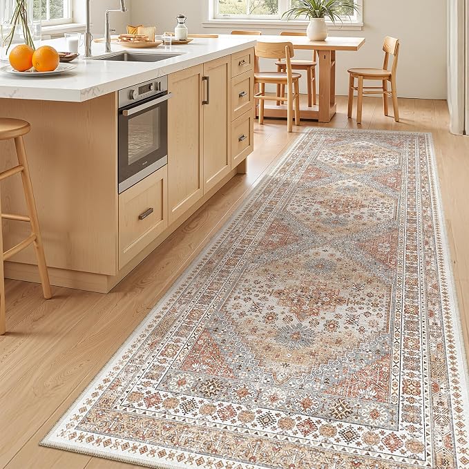 zesthome 3x10 Runner Rug Non Slip Washable for Entryway, Vintage Hallway Runner for Front Porch, Laundry Room, Bedroom, Abstract Stain Resistant Thin Indoor Kitchen Mats for Floor(Orange,3'x10')