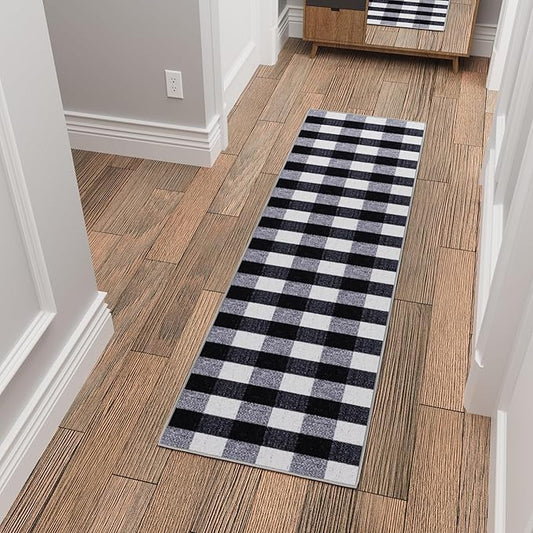 Ottomanson 1'10.5" x 8' Hallway Runner Rug – Non Slip Low Pile Carpet Runner for Entryways, Stairs, Corridors & High Traffic Areas, Buffalo Plaid Black/White