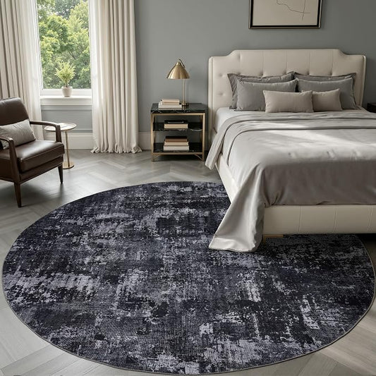 Sasttie 6ft Soft Round Area Rug, Modern Abstract Washable Circle Carpet for Living Room, Bedroom, Dining Room Table, with Non-Slip Backing, Black and Grey