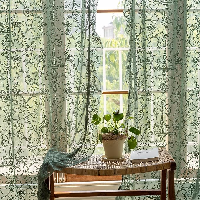 TUDECO Olive Green Lace Curtains 63 Inch Length - Vintage Sheer Floral Ruffle Curtains for Bedroom French Spring Light Privacy Window Treatment Rod Pocket 2 Panels, 59 x 63 Inch, Dark Green