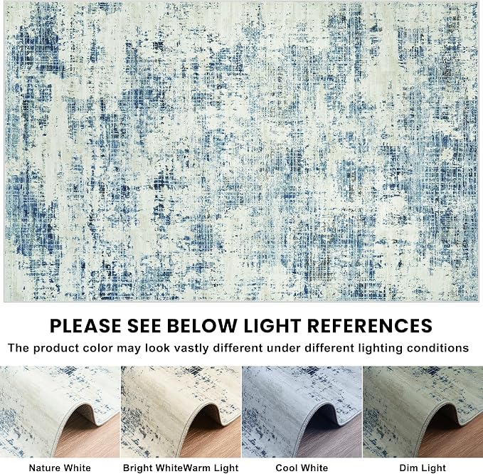 9x12 Area Rugs Washable Rug: Anti-Skid Abstract Modern Living Room Rug Soft Thin Carpets Indoor Floor Non-Shedding Carpet for Bedroom Dining Farmhouse Nursery Home Office (Blue Gray/Gold, 9'x12')