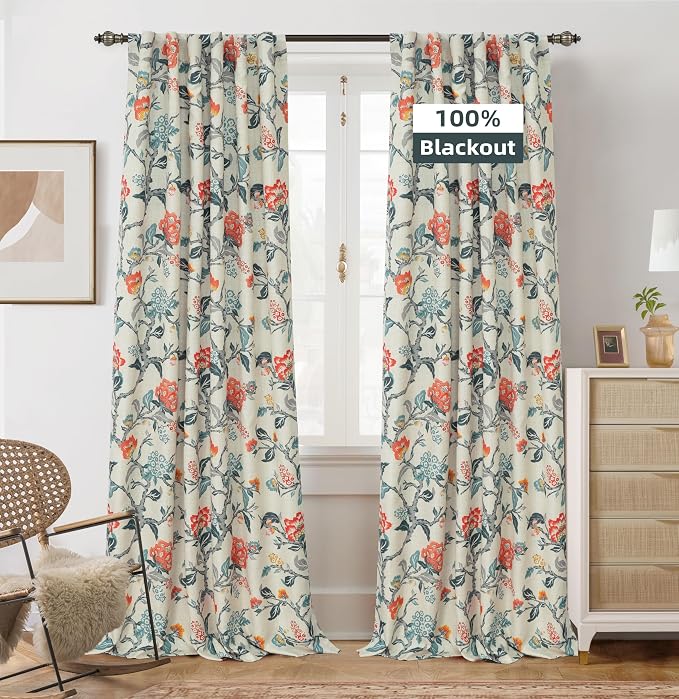 DriftAway Ada Floral Botanical Print Flower Leaf Lined Thermal Insulated Room Darkening Blackout Window Curtains 2 Layers Set of 2 Panels Each 52 Inch by 96 Inch Orange Teal Beige Linen