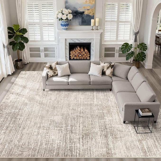 10x12 Area Rug Living Room: Washable Large Neutral Brown Rugs Abstract Soft Modern Stain Resistant Indoor Floor Non-Slip Carpet for Bedroom Nursery Kids Office Playroom Dining Room Under Table Home