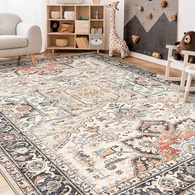 8x11 Area Rugs for Living Room - Large Carpet Ultra Thin Soft Washable Oriental Vintage Floral Distressed Rug Big Indoor Carpets for Bedroom Nursery Dorm Home Decor Aesthetic - Multi Color