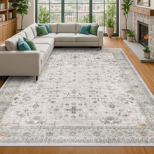 Hazo Haus Boho Light Grey Living Room Rug 7x10 - Modern Vintage Eclectic Floral Pastel Neutral Taupe, Washable Low Pile Non-Slip Large Area Rugs for Dining Under Table Bedroom Lounge