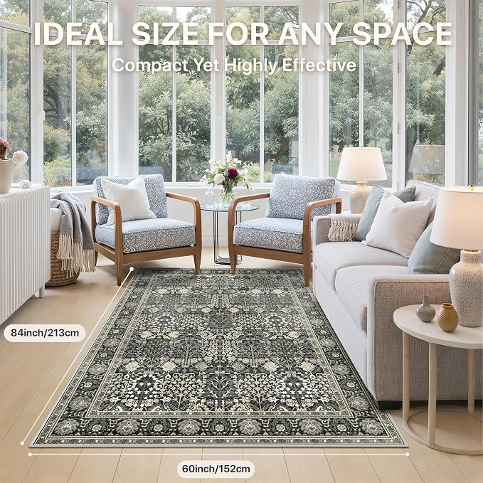 Bavni Area Rugs for Living Room, 5X7 Washable Rug Non-Slip Washable，Ultra-Thin Aesthetic Boho Rug for Bedroom Dinning Room Office,Black