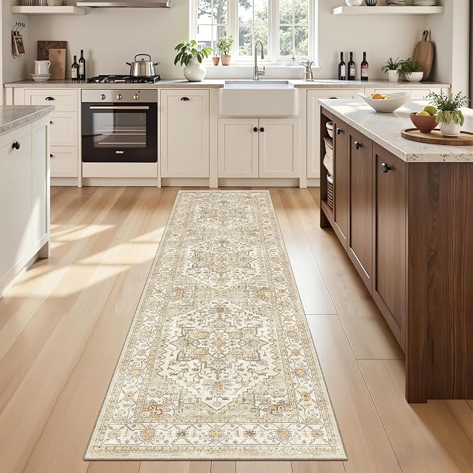 befbee Runner Rug 2x8, Washable Hallway Runner Rugs, Non-Slip Low-Pile Soft Kitchen Rug Runner Laundry Room Rug, Vintage Throw Mat for Entrance Living Room (2'x8',Gold)