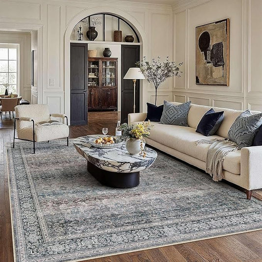 HUGEAR Washable Area Rug Vintage Neutral Living Room Bedroom Rug Large Soft Non Slip Distressed Low Pile Carpet
