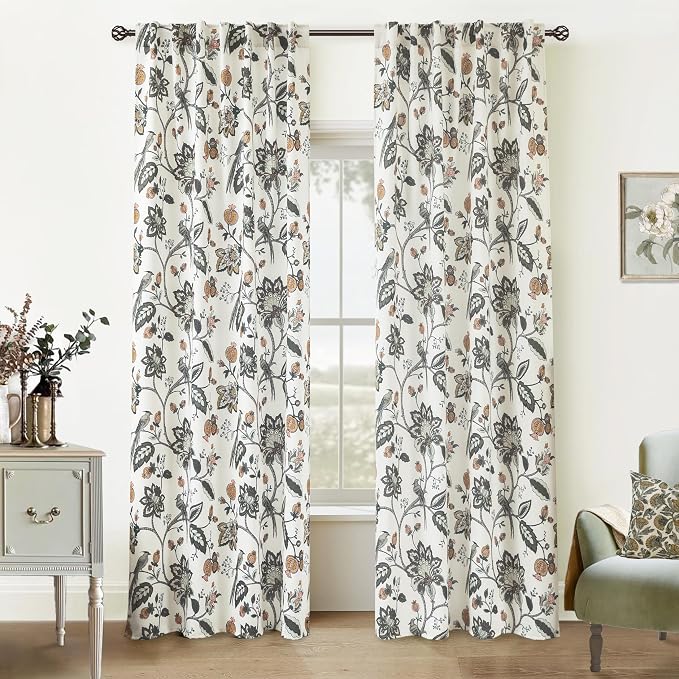Floral Farmhouse Curtains 96 Inches Long 2 Panel Set for Bay Window,Semi Blackout Green and Brown Primitive Farm House Style Antique Curtains for Living Room Bedroom