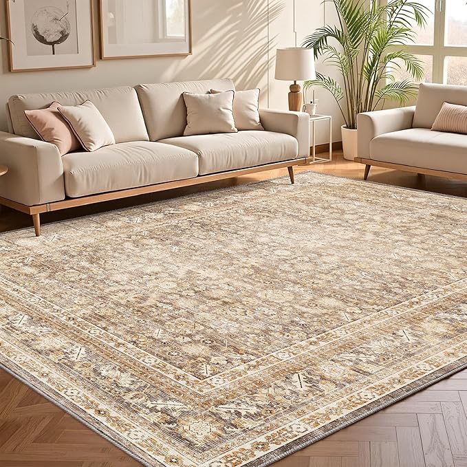 OPPODREAM Vintage Beige Area Rugs 9x12, 9 x 12 Retro Washable Rug Non Slip, Low-Pile Faux Wool Carpet, Distressed Tan Floor Mat for Living Room, Bedroom, Office, Dorm, Dinning Room, Big & Large