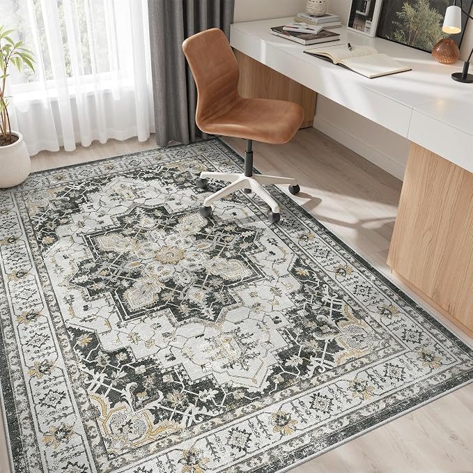 Madane 5x7 Area Rugs for Living Room, Non-Slip Washable Rug, Black | Ultra-Thin Stain Resistant Vintage Large 5'X7' Carpet, Soft Low Pile Floor Mat For Bedroom Dining Room Office Home Decor