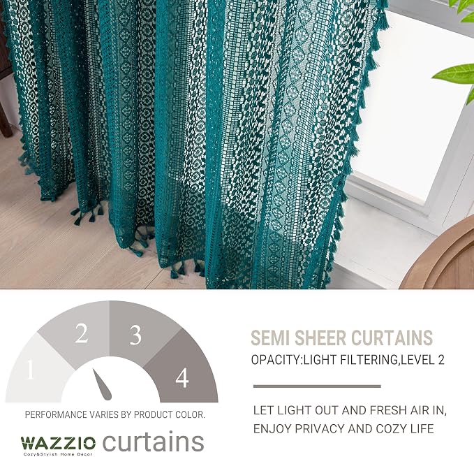 WAZZIO Boho Lace Curtains 96 Inches 2 Panel,Light Filtering Privacy Tassel & Geometry Crochet Semi Sheer Curtain Drapes for Bedroom Living Dining Room,Rod Pocket & Tassel,Coastal Style,Teal