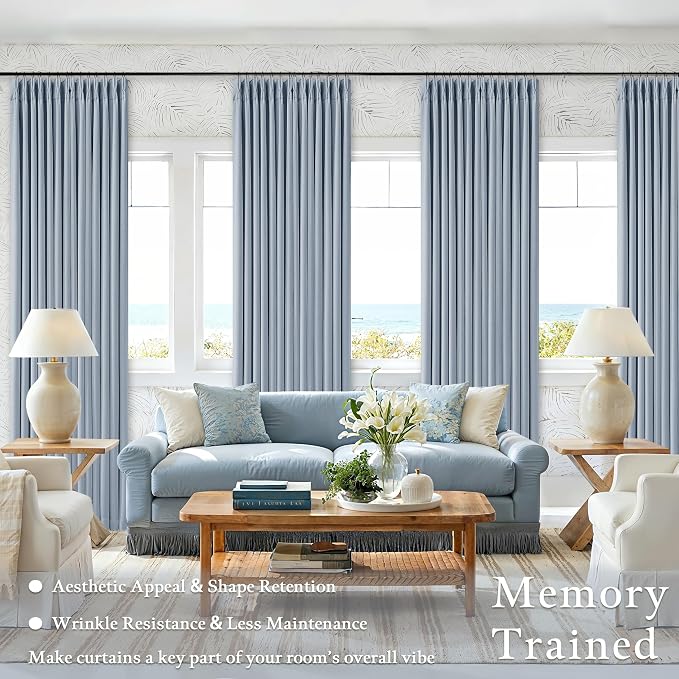 100 Inch Blackout Pinch Pleated Curtains 2 Panel Set for Living Room Darkening Thick Linen Textured 100% Black Out Drapes 100 Inches Long Pinch Pleat Light Blocking Baby Kids Bedroom Light Blue