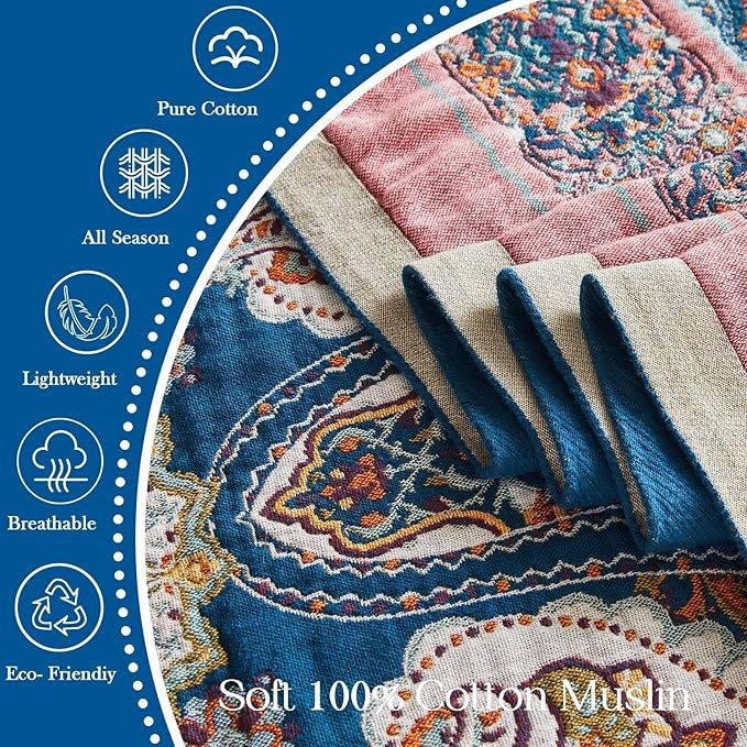 Boho Throw Blanket 100% Cotton Muslin Woven Blanket Bohemian Bed Throws Vintage Rustic Farmhouse Decor Reversible Bed Blanket Quilt for All Seasons（Blue 90"x98"）