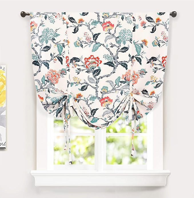 DriftAway Ada Floral Botanical Print Flower Leaf Lined Thermal Insulated Room Darkening Blackout Tie Up Window Curtains 2 Layers Each 45 Inch by 63 Inch Ivory Orange Teal
