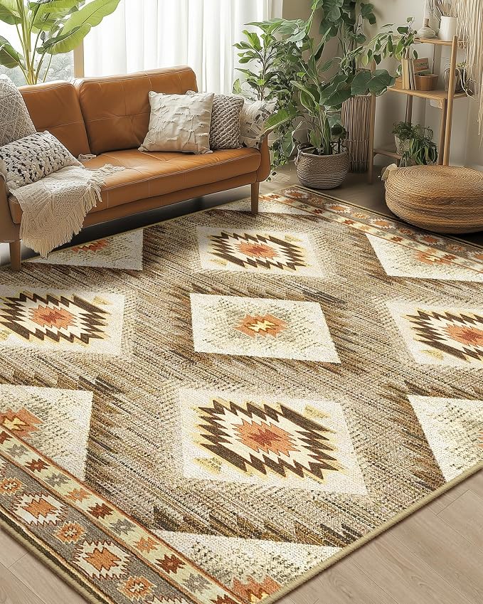 BESTSWEETIE Area Rug 10x14 Rug Machine Washable Non-Slip Low Pile Print Pattern Western Rug for Living Room Bedroom Entryway Tribal Series -Cream/Camel