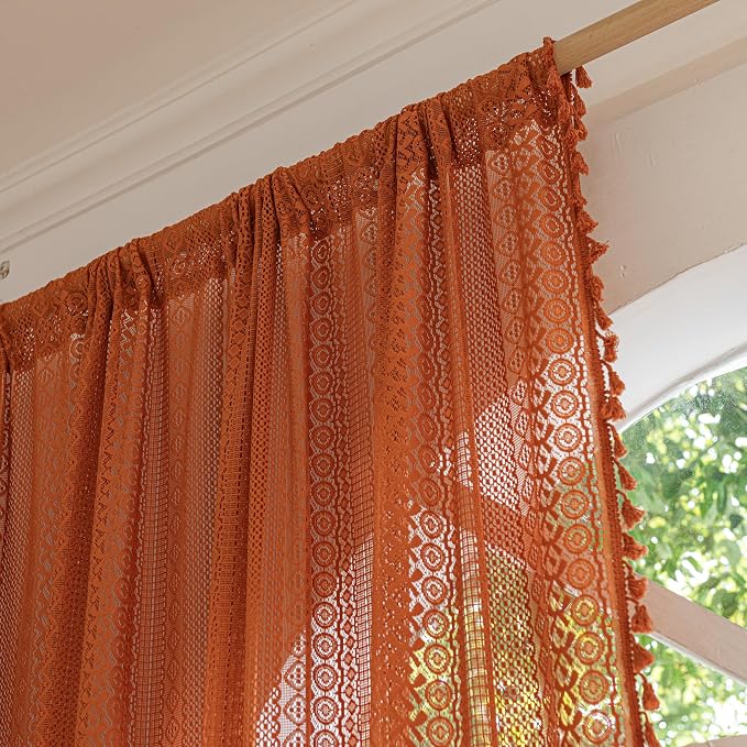 Sutuo Home Burnt Orange Boho Curtains 90 inches Long for Bedroom Living Room, Terracotta Crochet Lace Sheer Bohemian Knitted with Fringes,Window Treatment Drapes, Rod Pocket 1 Panel 59" W x 90" L