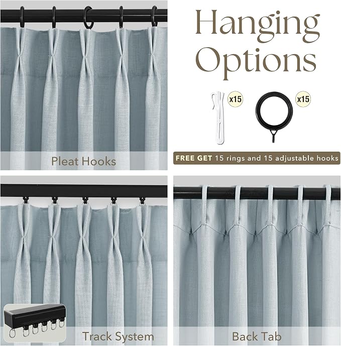 Greyish Blue Pinch Pleated Linen Curtains 45 Inch Length 2 Panels for Living Room Bedroom Textured Semi Sheer Drapes Pinch Pleat Rings Window Curtain 40x45