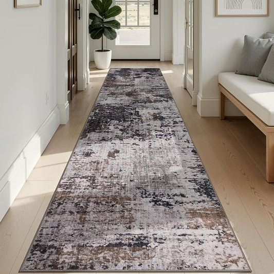 Sasttie 2x12 Soft Runner Rug for Entryway, Modern Abstract Washable Carpet for Hallway, Kitchen and Laundry Room, with Non-Slip Backing, Black and Brown
