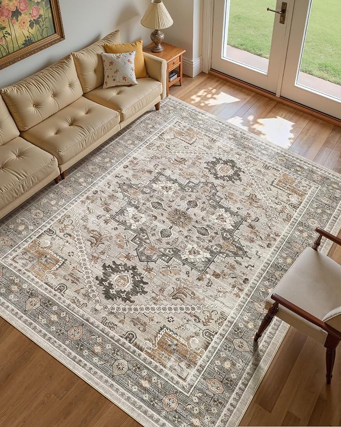9x12 Vintage Area Rug: Washable Neutral Soft Non Slip Thin Large Floor Carpet for Living Room Bedroom Kitchen Dining Room Home Office Farmhouse Indoor - Taupe