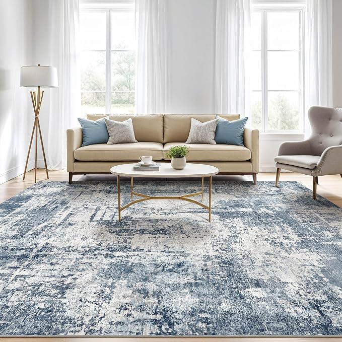 7x10 Area Rug Living Room: Washable Large Abstract Modern Soft Rug Stain Resistant Indoor Non-Slip Carpet for Bedroom Dining Room Nursery Kids Playroom Office Home House- Blue White
