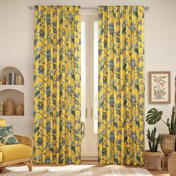 Mustard Yellow Vintage Whimsical Floral Curtains, Retro Mid Century Modern Patterned Blackout Curtain, Fun Hummingbird Boho Funky Curtains for Living Room Bedroom, 96 Inches Long 2 Panels Set