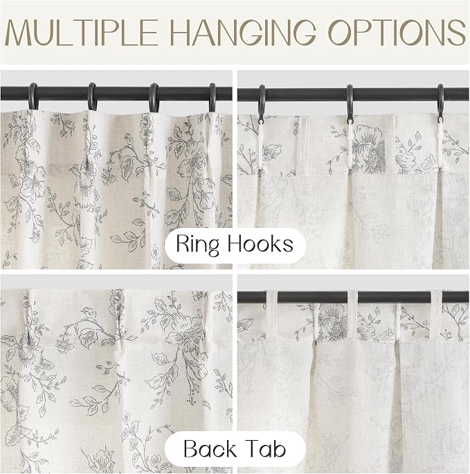 Meikelor Black Pinch Pleated Floral Curtains 108 inch Long for Living Room 70" W x 108" L