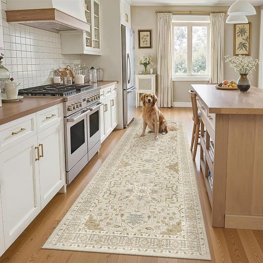 Madane Runner Rug 2'6''x8' Kitchen Runners, Printed Vintage Washable Hallway Rugs Soft Non-Slip Low Pile 2.5x8 ft Runners for Hallways Laundry Room Rug, Beige/Blue