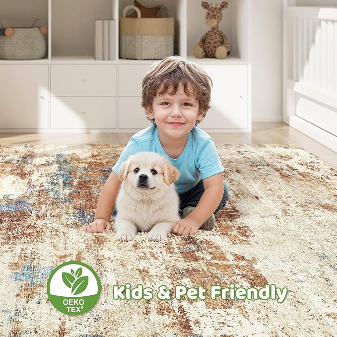 5x8 Area Rug Washable Rug: Large Abstract Modern Soft Stain Resistant Indoor Floor Non-Slip Accent Carpet for Living Room Bedroom Nursery Playroom Dining Room Office Dorm Home House- Blue Orange