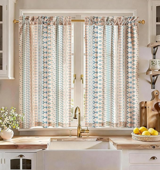 Miss Adola Boho Kitchen Tier Curtains - 45 Inch Length Linen Blend Cafe Curtains Farmhouse Small Window Treatments Over Sink Rod Pocket for Bathroom Living Room Light Filtering, 2 Panels
